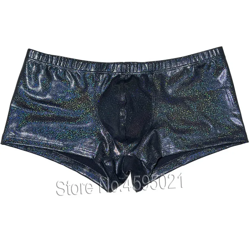 Men's Boxer Briefs Underwear Bulge Pouch Hot Trunks Metallic Leather Shorts Shiny Sporty Panties Breathable Sunbathe Party