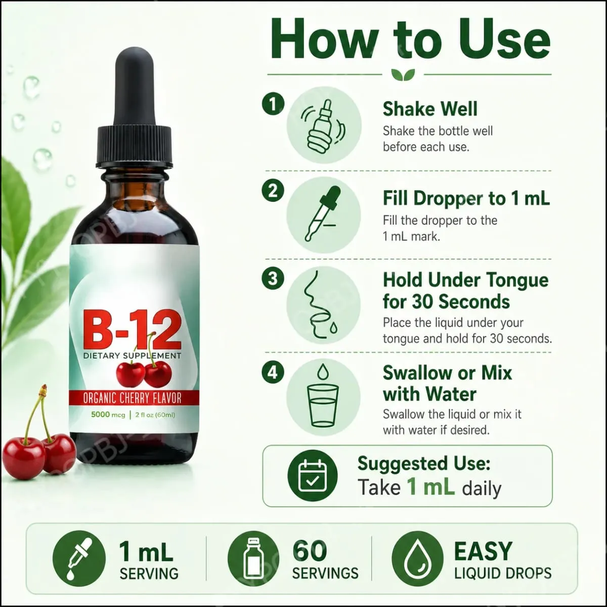 Βιταμίνη B12 Methylcobalamin Liquid Drops 5000 mcg Cherry Flavor 2 Fl Oz 60 Servings Συμπλήρωμα Vegan χωρίς ζάχαρη καθημερινά — image 7