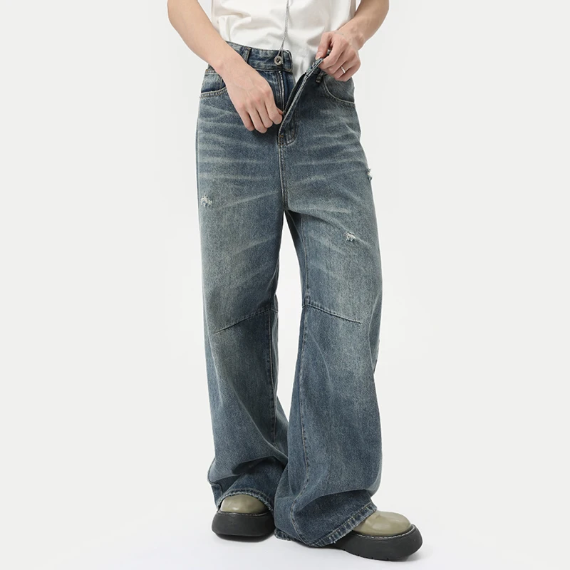 American Style Men's Denim Pants Washing Fashion Loose Men's Straight Trousers Casual Wide Leg Jeans New Summer 2024 9C6303