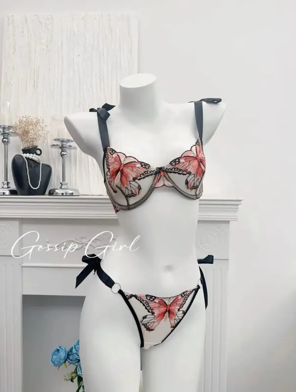 Reggente Pizzo Francese Farfalla Rete Trasparente Spalline Elastiche Senza Spugna Σετ Intimo S-XL Nuovo Morbido — image 11