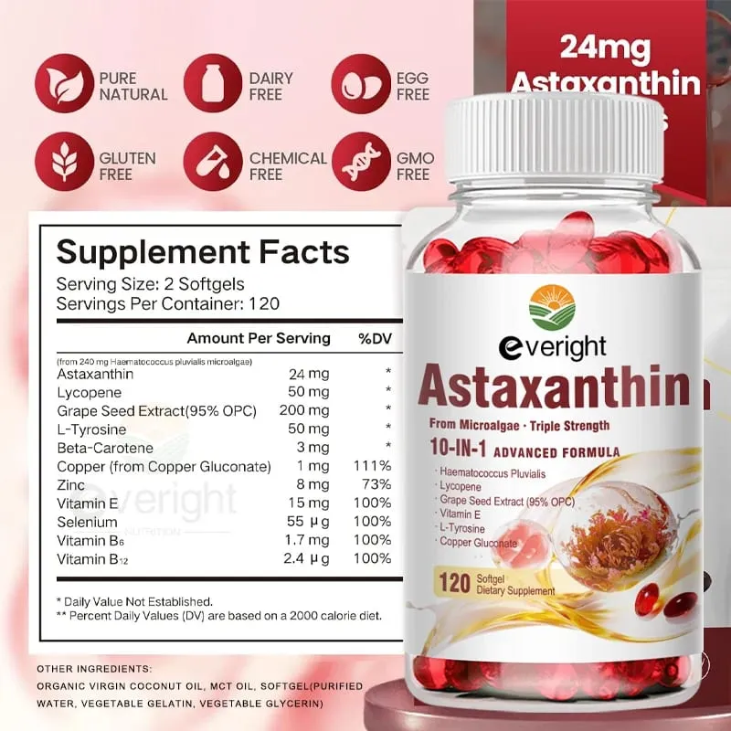 Astaxanthin 24mg – Potent Antioxidant for Skin Eyes & Immune Health – 10-in-1 with Lycopene Grape Seed Vitamin E & Zinc