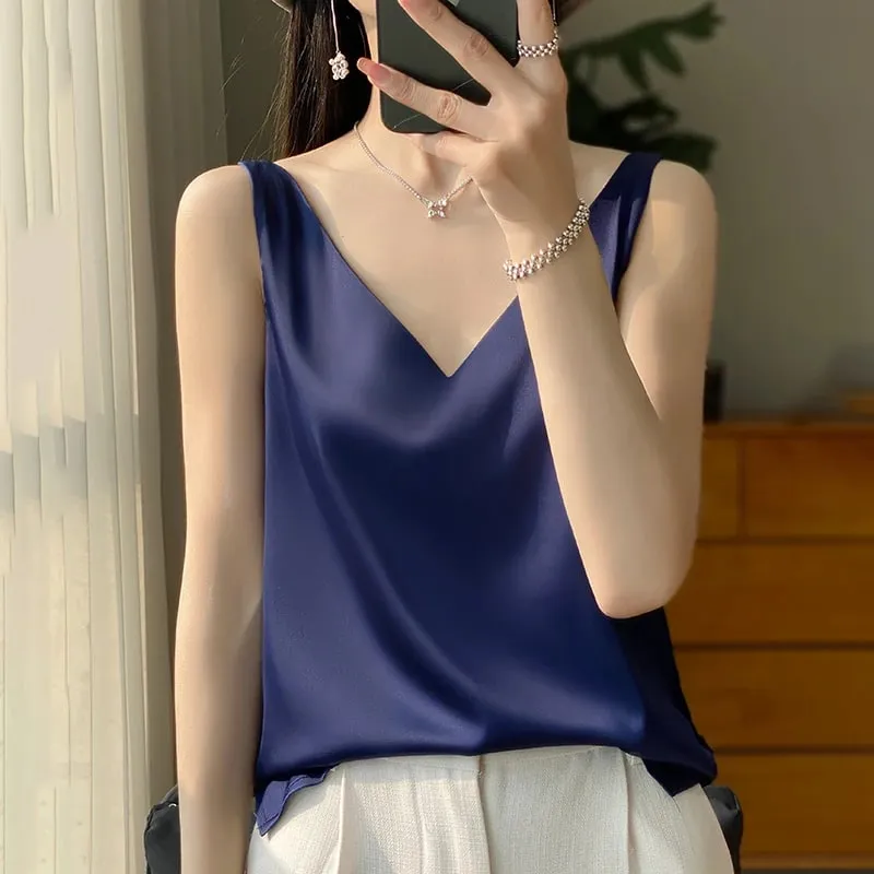 Νέο Lce Silk Satin Camisole Γυναικεία Άνοιξη/Καλοκαίρι μονόχρωμο αμάνικο σέξι άνετο μεταξωτό εσώρουχο RW-D09 — image 15