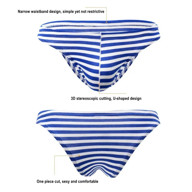 Europe Men's Striped Bikini Briefs Low Waist Sexy U Convex Underwear Male Half Covered Buttocks Tanga Panties Plus Size M-XXXL — image 3