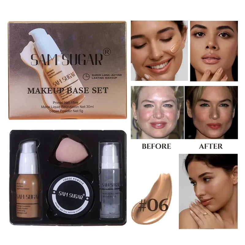 Σετ βάσης μακιγιάζ με 15ml Primer 30ml Matte Foundation 5g Loose Powder Puff για λεία και άψογη επιδερμίδα Μακριά ρούχα