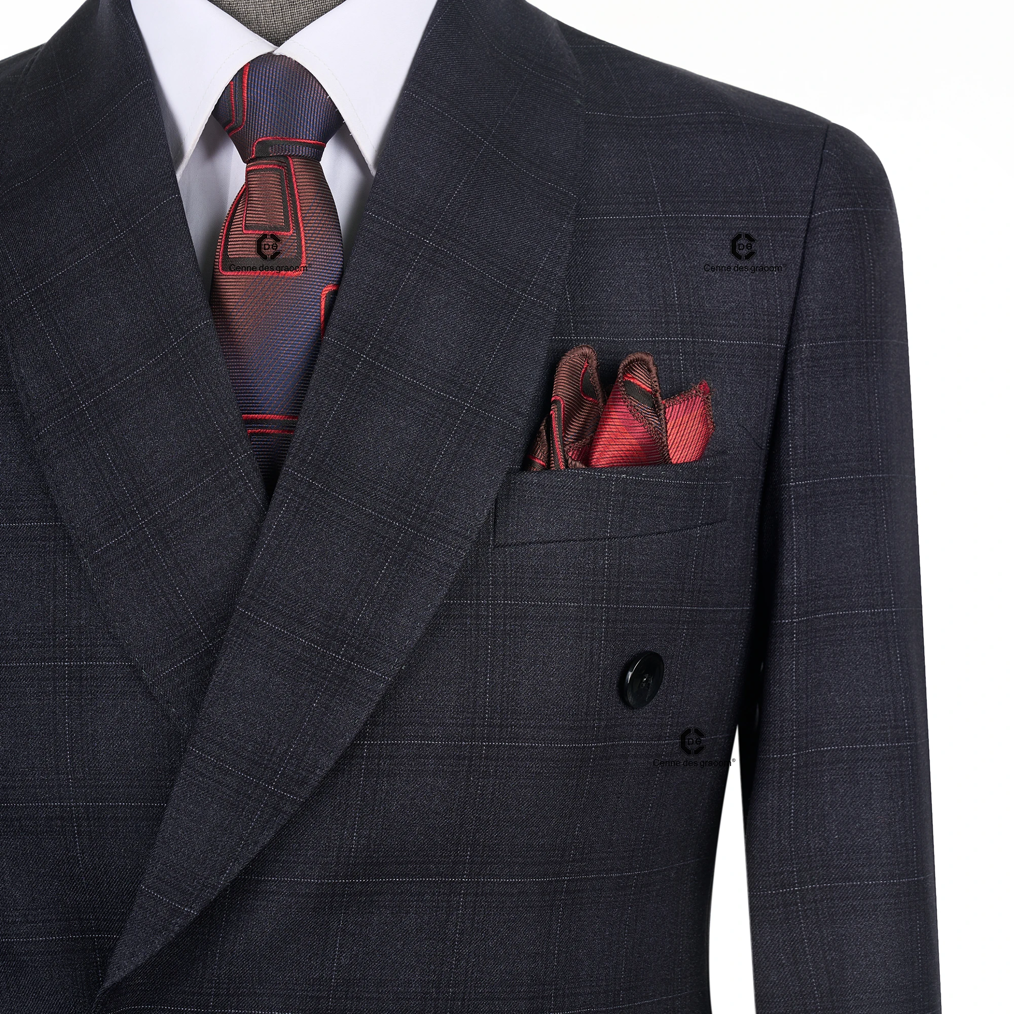 Cenne Des Graoom 2026 Dark Grey Plaid Double Breasted Men Suits With Shawl Collar Tailor-Made For Meeting Office Wear Wedding