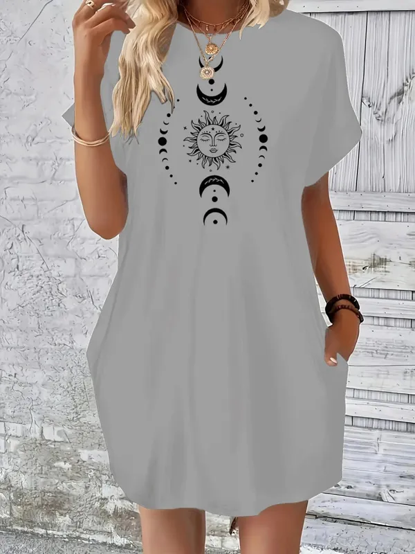 Női nyári laza nap hold bolygó mintás nyomott kerek nyakú rövid ujjú zsebes kényelmes alkalmi plus size ruha