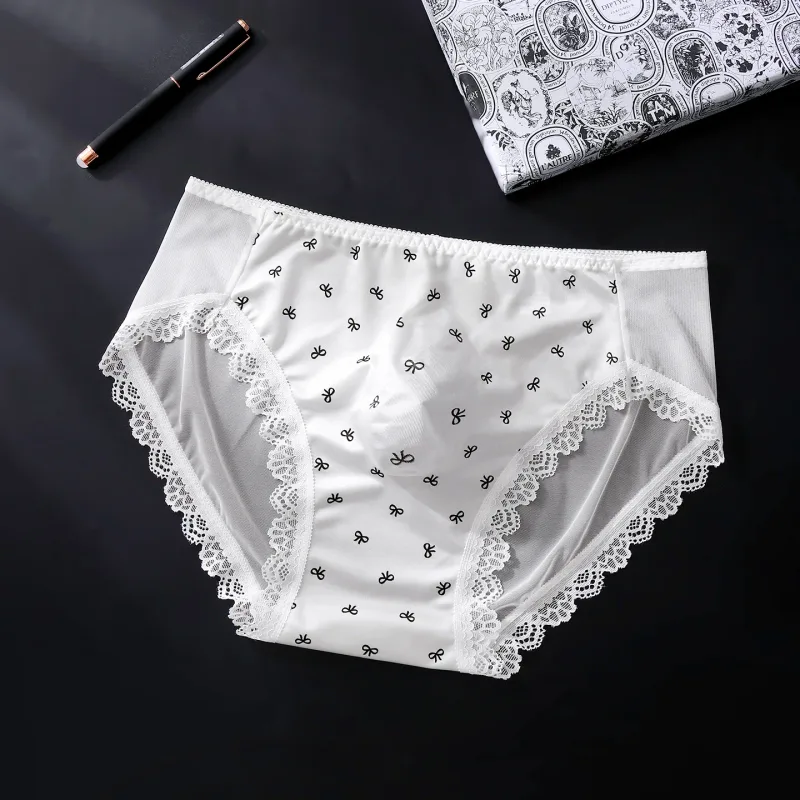 Large Size Mens Sissy Satin Panties Sexy Scalloped Lace Sheer Briefs Glossy Lingerie Mid Rise Lace Bow U Convex Pouch Underpant — image 21
