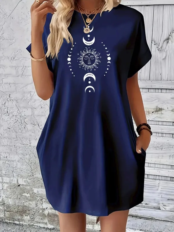 Női nyári laza nap hold bolygó mintás nyomott kerek nyakú rövid ujjú zsebes kényelmes alkalmi plus size ruha