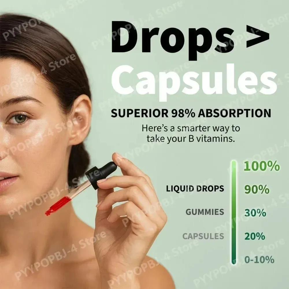 Βιταμίνη Β12 Β6 Υγρές Σταγόνες 60ml Σύμπλεγμα Β με Β1 Νιασίνη Φολικό Βατόμουρο Vegan Καθημερινό Συμπλήρωμα Ευεξίας 40 Μερίδες Ενήλικες — image 3