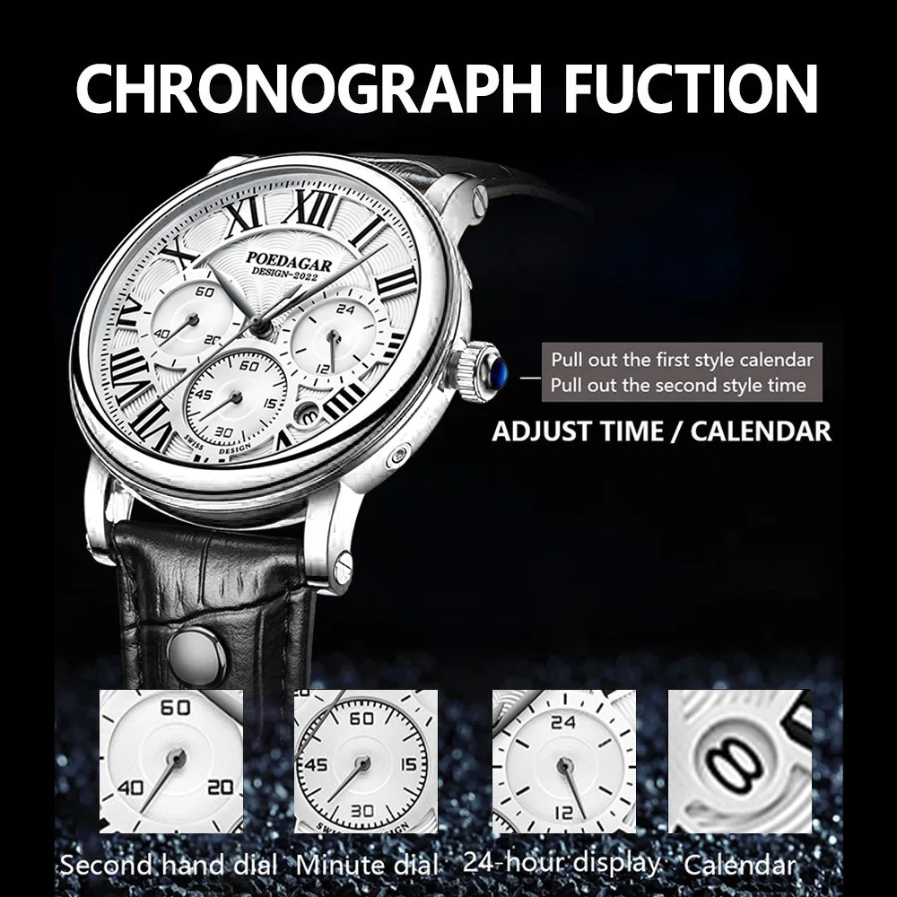 Luxury Quartz Men Wristwatch Chronograph Date Business Male Watch Waterproof Leather Fashion Men's Watches Reloj Hombre