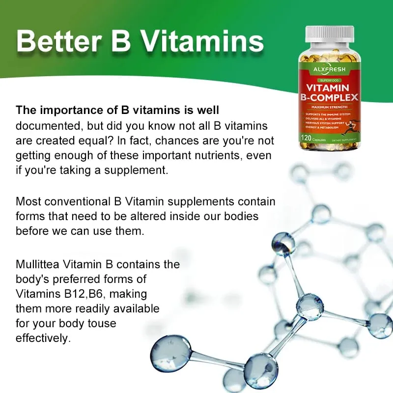 Alxfresh B-Complex vitamin-kiegészítők (B12 B1 B2 B3 B5 B6 B9 folsav és biotin) Immun- és energiatámogatás
