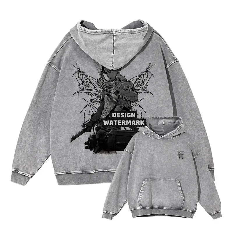 Anime Levi Hoodies Vintage Washed A-Attack on Titan Hoodie Casual Manga Yeager Eren Kapuzenpullover Titan Attack Pullover — image 10