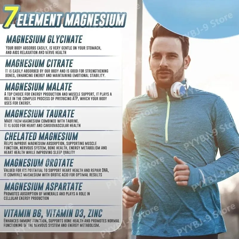 Magnesium 7 Complex Supplement with Glycinate Citrate Malate Chelate Zinc Vitamin D3 B6 for Sleep Muscle Relief 60 Capsules