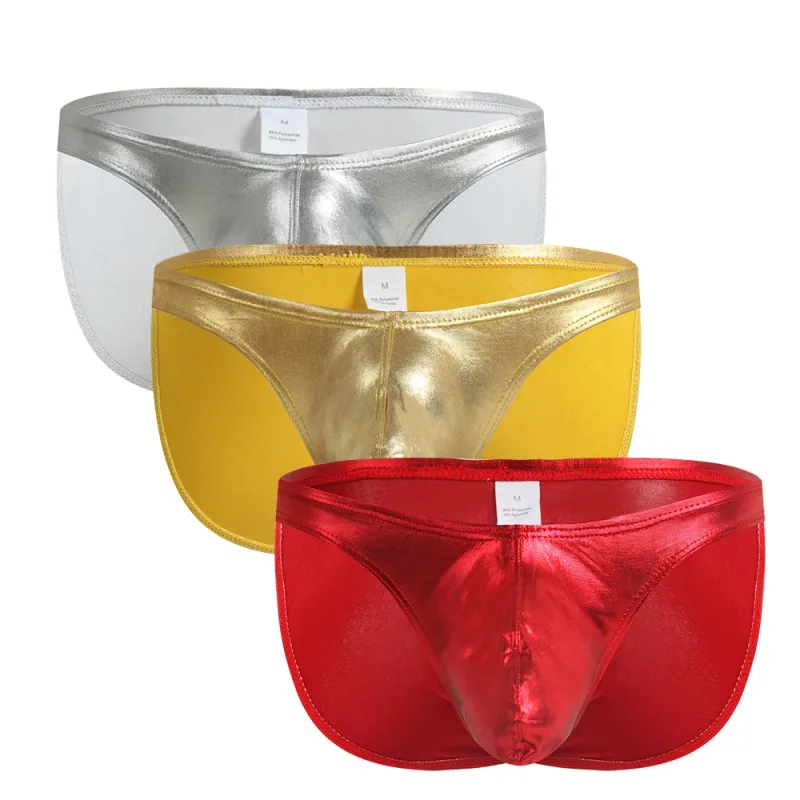Men's Fashion Low Waist Imitation Leather Briefs with U Convex Pouch Sexy Underwear Lingerie 3PCS/2PCS/1PC Set