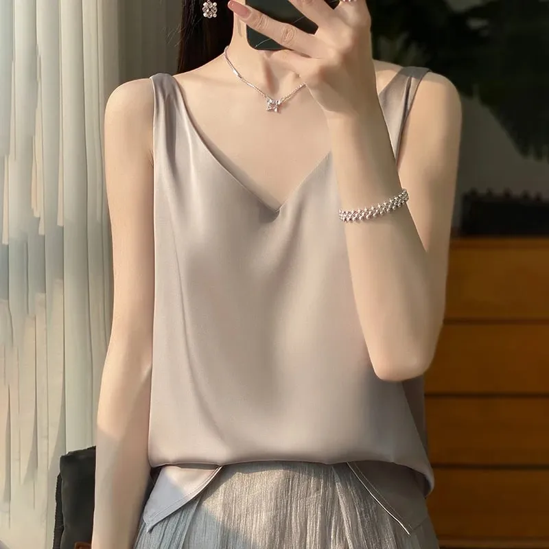 Νέο Lce Silk Satin Camisole Γυναικεία Άνοιξη/Καλοκαίρι μονόχρωμο αμάνικο σέξι άνετο μεταξωτό εσώρουχο RW-D09 — image 13