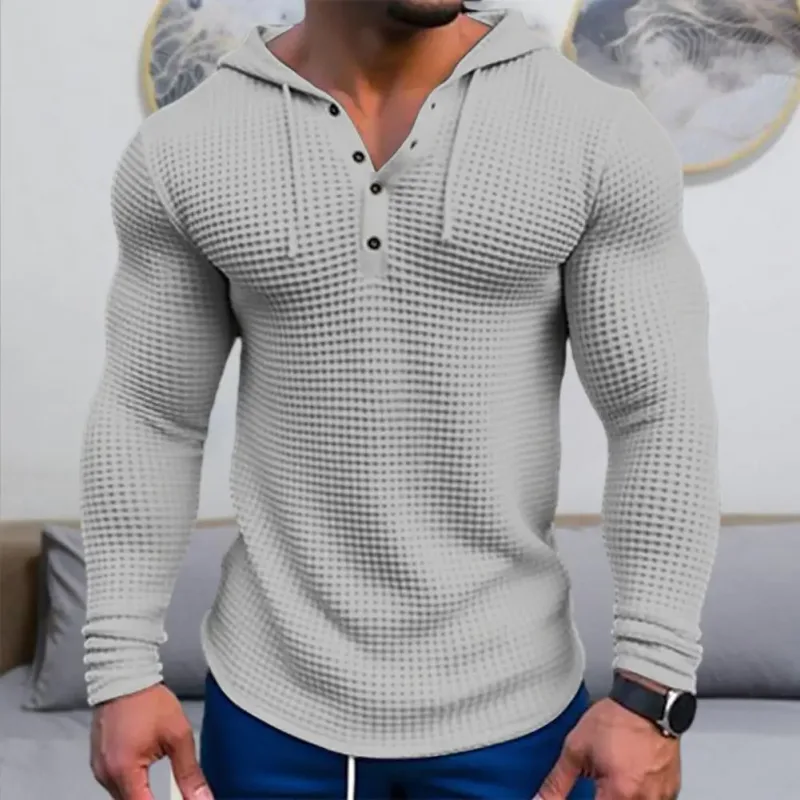 Camiseta de manga larga ajustada de Color sólido para primavera, Top deportivo transpirable con capucha para hombre, camisa informal de manga larga de algodón Waffle