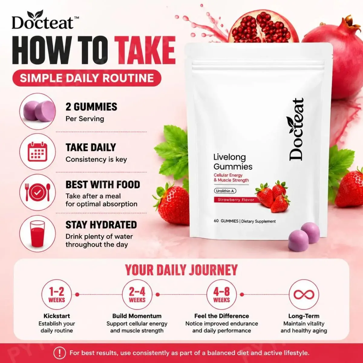 Docteat Urolithin A Gummies 500mg per Serving Strawberry Flavor Daily Cellular Wellness Support 60 Gummies for Men Women — image 5