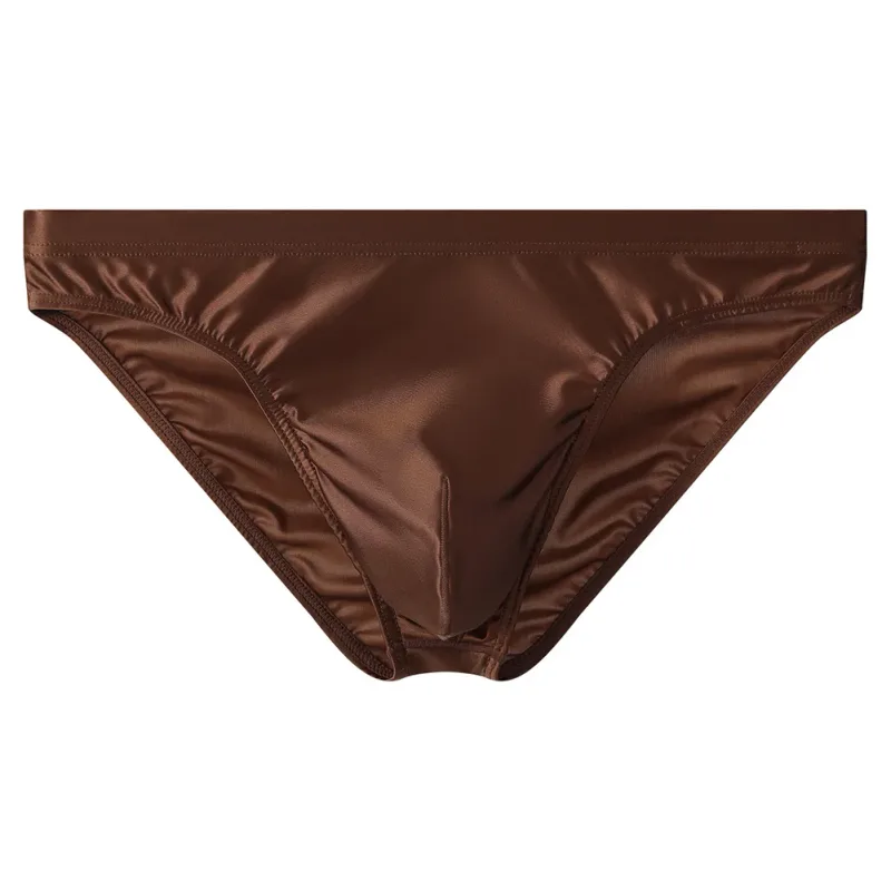 Luxury Brown Satin Men's Bikini Briefs High Elastic Waistband Smooth Shiny Underpants With 3D Contour Pouch Breathable Intimates