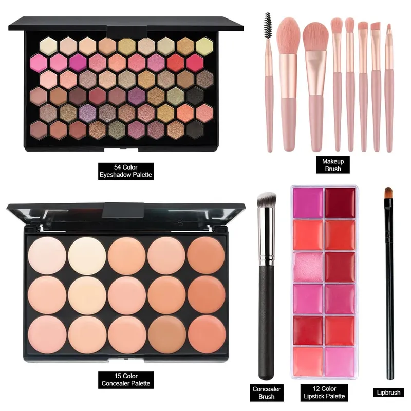 6 pçs kits de maquiagem 54 cores paleta de sombra 15 cores corretivo paleta 12 cores brilho labial com 9 pçs escovas lábio conjunto completo