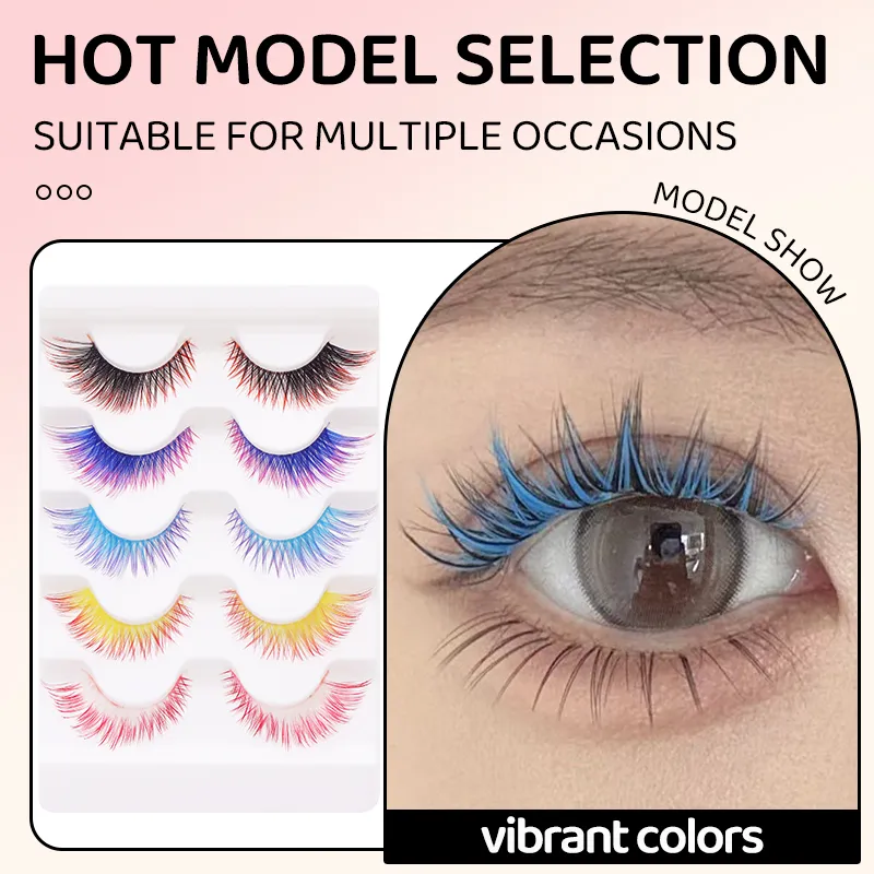 5 Pairs Mix Color Ombre Gradient False Eyelashes 3D Colorful Strip Lashes Handmade Fluffy Colored Eyelashes for Cosplay Makeup