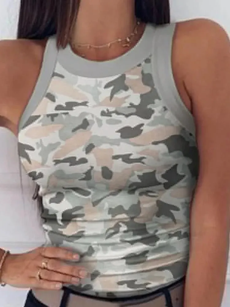 Γυναικεία camo με στρογγυλή λαιμόκοψη με ραβδώσεις, καλοκαιρινή βασική ελαστική καμιζόλα, σέξι αμάνικο γιλέκο με λαιμόκοψη, γυναικεία ρούχα — image 3