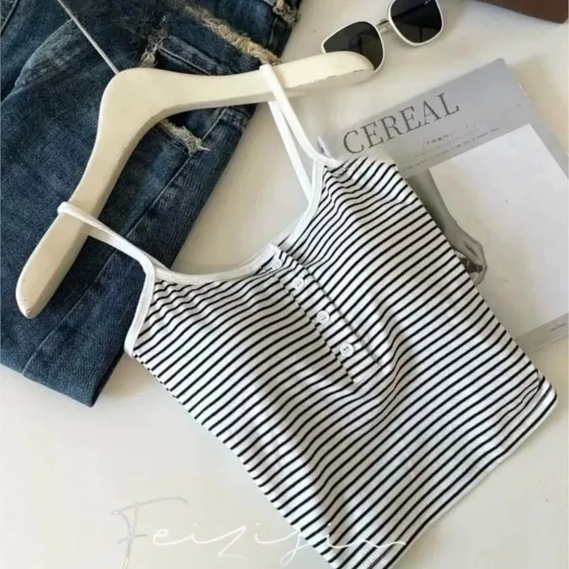 Integrated Stripe Women's Vest Inner Wear Outer Wear Button Fixed Cup No Bra Sports Top Short Style Cotton 100% Short Vest