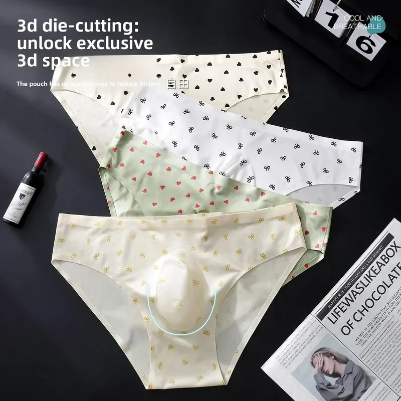 Male Seamless Ice Silk Briefs Cute Heart Bowknot Print 3D Molded Pouch Low Rise Soft Breathable Men Underpants — image 4