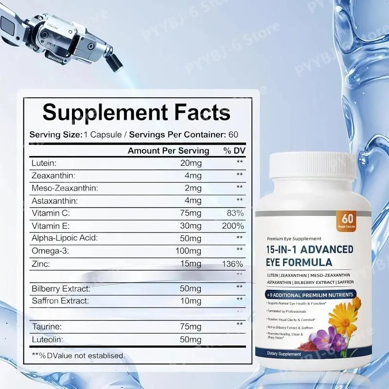 15 in 1 Advanced Eye Formula Lutein Zeaxanthin Bilberry Extract Vitamin C & E Supports Eye Health 60 Veggie Capsules for adult — image 6