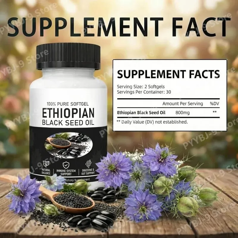 Softgels de óleo de semente preta etíope 800 mg cápsulas de extrato de ervas prensadas a frio, suporte diário de equilíbrio de bem-estar, não OGM, 60 contagens — image 2