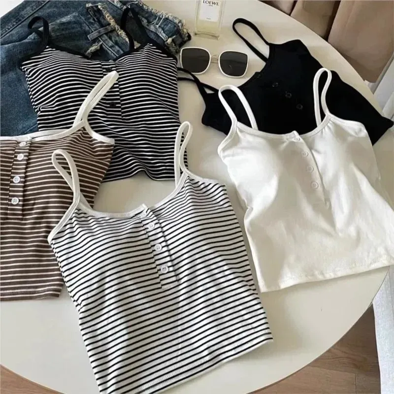 Integrated Stripe Women's Vest Inner Wear Outer Wear Button Fixed Cup No Bra Sports Top Short Style Cotton 100% Short Vest