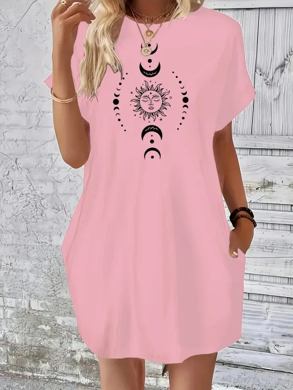 Női nyári laza nap hold bolygó mintás nyomott kerek nyakú rövid ujjú zsebes kényelmes alkalmi plus size ruha