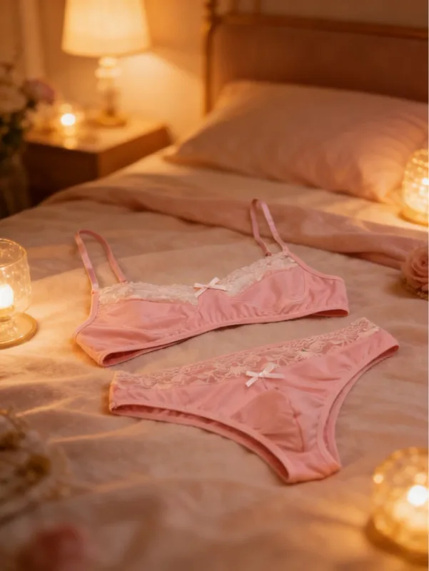 1 Set of 2 Pieces Underwear Set: Men's Erotic Cross-Dressing Bowknot Lace Underwear Set, Lace Panties & Bra Combination Set