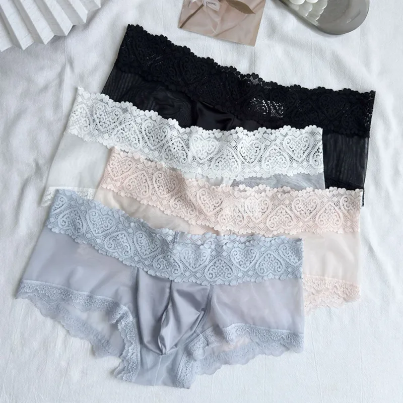 Men Ice Silk Lace Trim Thin Seamless Briefs Glossy 3D Pouch Lightweight Underwear Panties Comfortable Daily Lingerie