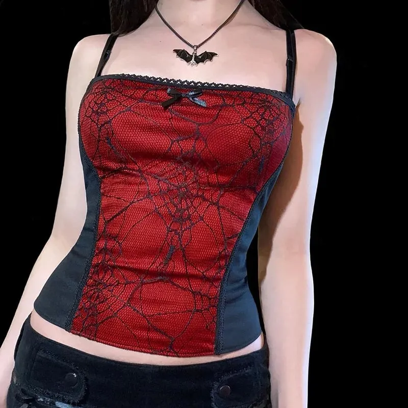 Gothic Punk Girl Μοτίβο Ιστού αράχνης Δαντέλα συνονθύλευμα Camis Γυναικείες Σέξι αμάνικο τετράγωνο γιακά Slim Tank Top Streetwear Crop Top — image 3