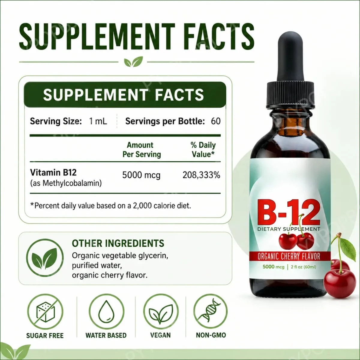 Βιταμίνη B12 Methylcobalamin Liquid Drops 5000 mcg Cherry Flavor 2 Fl Oz 60 Servings Συμπλήρωμα Vegan χωρίς ζάχαρη καθημερινά — image 4