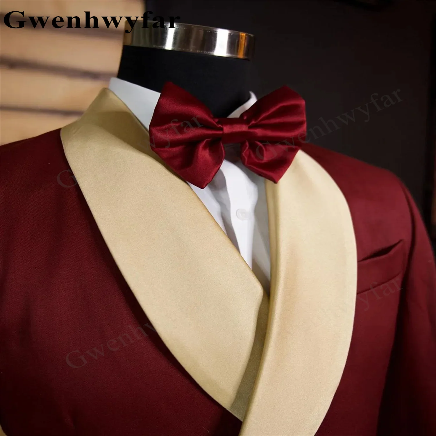 Gwenhwyfar Men's Deep Burgundy And Gold Satin Fabric Suits Tailored 2 Pieces Blazer Black Pants Two Button Shawl Lapel Wedding