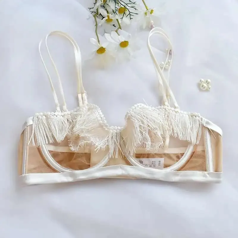 סט חזיית חזייה צרפתית סקסית קלה יוקרתית - Sheer Mesh Minimizer Bralette Ultra-Thin Lace הלבשה תחתונה מכירה מוגבלת במלאי