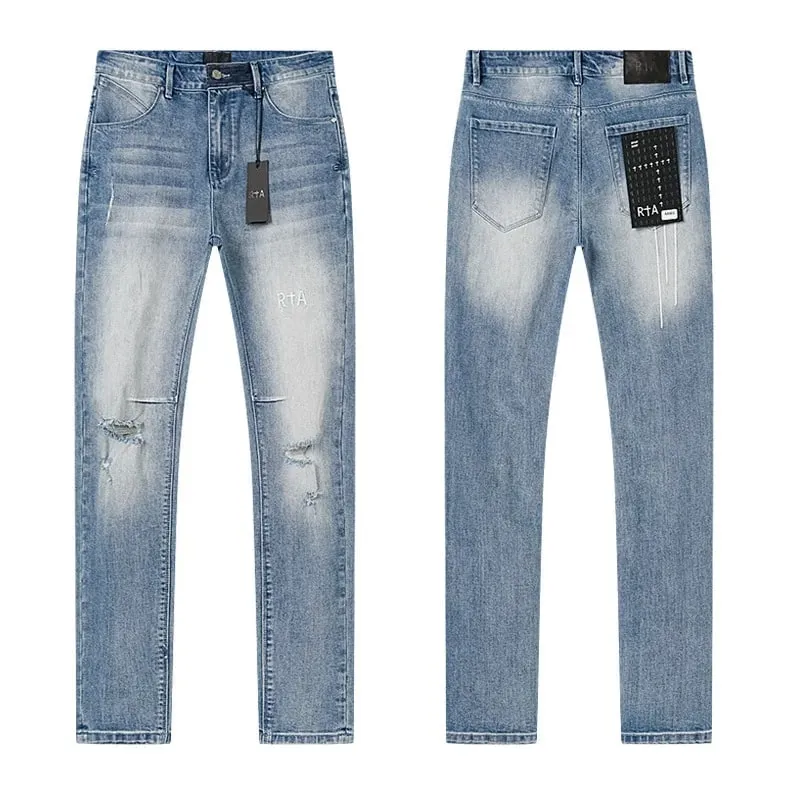 Új RTA Destroyed Scratch Hole Világoskék Distressed Farmer Férfi High Street Elasztikus Slim Fit Farmer 2026 márka nadrág utcai viselet — image 5