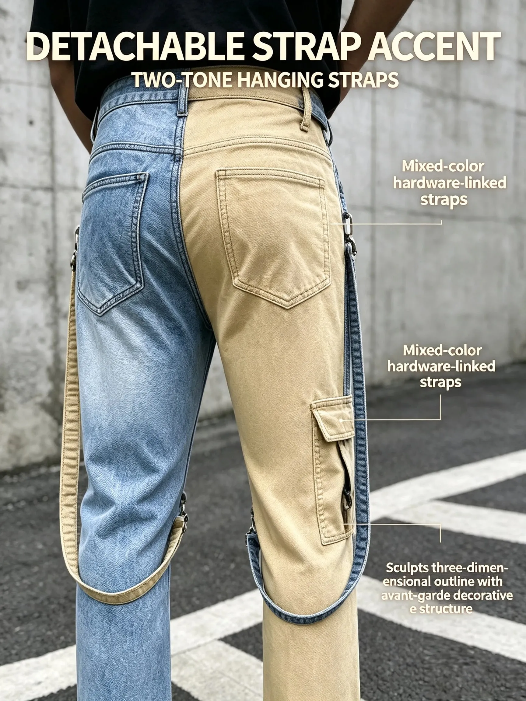 Y2K ג'ינס לגברים Techwear מכנסיים רטרו מטען מתרחבים ג'ינס מג'ינס ניגודיות צבע שחבור רצועת Streetwear מכנסי ג'ינס — image 4