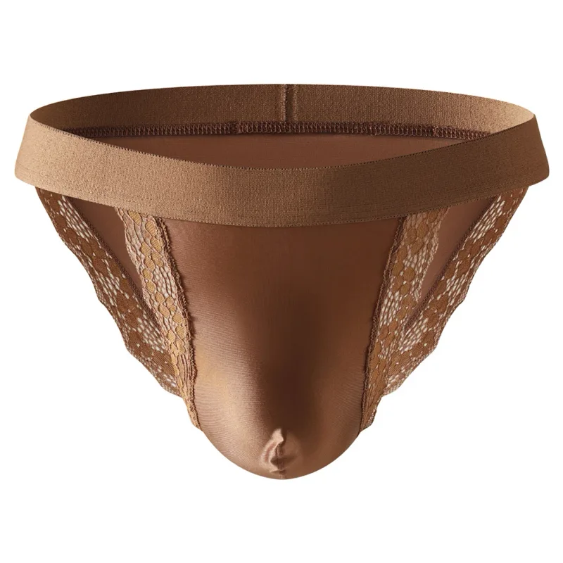 Satin-like Comfortable Men Panties Lace Trim Briefs Sexy High Fork Bikinis Underwear Breathable Low Waist Pouch — image 4