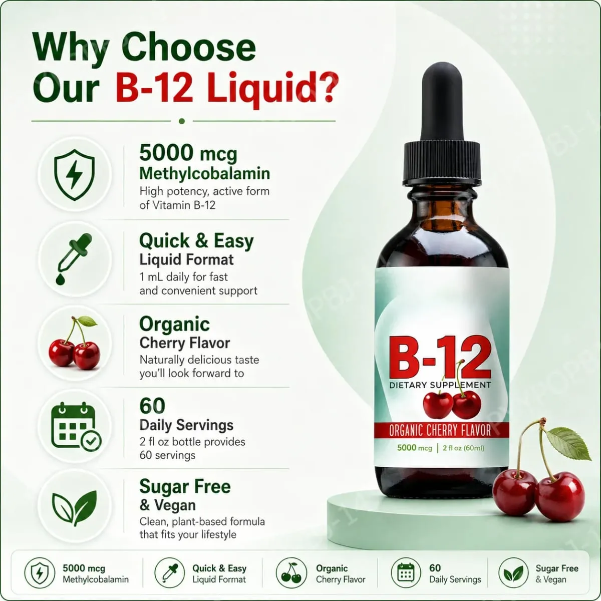 Βιταμίνη B12 Methylcobalamin Liquid Drops 5000 mcg Cherry Flavor 2 Fl Oz 60 Servings Συμπλήρωμα Vegan χωρίς ζάχαρη καθημερινά — image 6