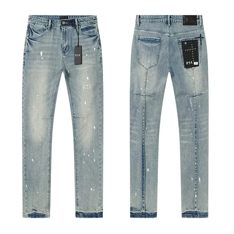Új RTA Destroyed Scratch Hole Világoskék Distressed Farmer Férfi High Street Elasztikus Slim Fit Farmer 2026 márka nadrág utcai viselet — image 13