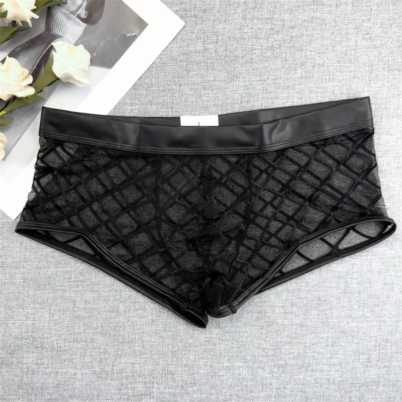Calzoncillos Boxer transparentes ultrafinos de malla de diamante sexis para hombre, pantalones cortos de verano de secado rápido, ropa interior con bolsa para bulto para hombre