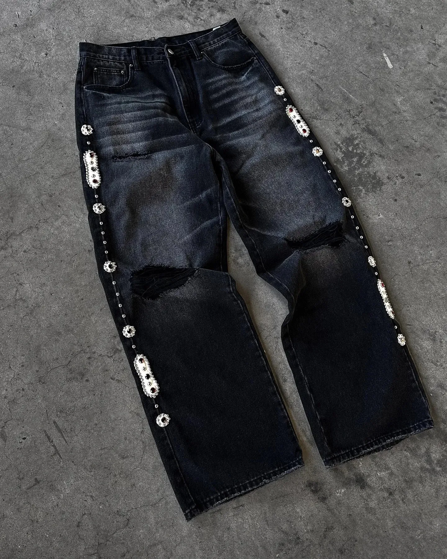 Harajuku Patchwork Κέντημα Cherry Blossom Παντελόνι τζιν Y2k Vintage Γυναικείο φαρδύ ίσιο φαρδύ τζιν Ανδρικά ρούχα Street — image 8