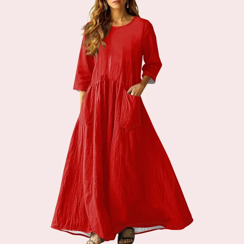 Women's Summer Loose Long Dresses Solid Color Three-quarter Sleeve Double Pocket Dress Loose Round Neck Linen Dress Vestidos
