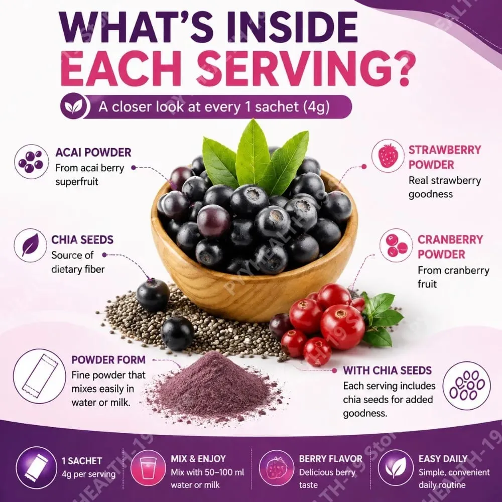 Acai Berry Drink Powder with Chia Seeds Strawberry Cranberry For Antioxidant Daily Wellness & Immune System Support Adult 40g — image 6