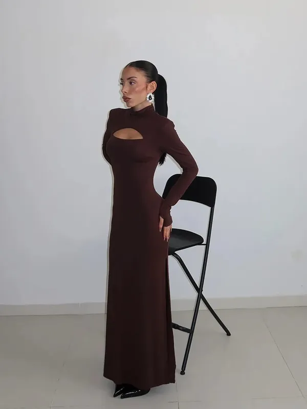 Ahagaga Sexy Sheath Γυναικεία Maxi Φορέματα Μασίφ ζιβάγκο κανονικά μακριά μανίκια Hollow Out Slim Fit Bodycon Party Vestidos Robes