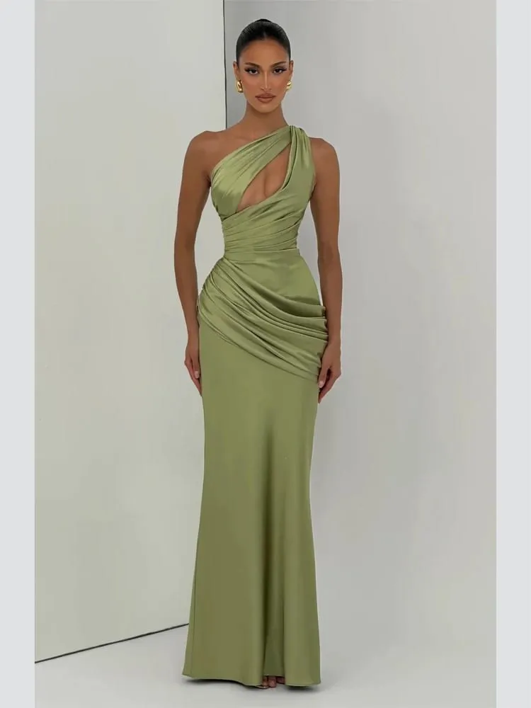 Szatén, váll kivágású, hosszú női ruha Elegáns, tömör, dörzsölt hableány, karcsúsított, lendületes Vestido 2026-os női nyári estélyi ruhák — image 2