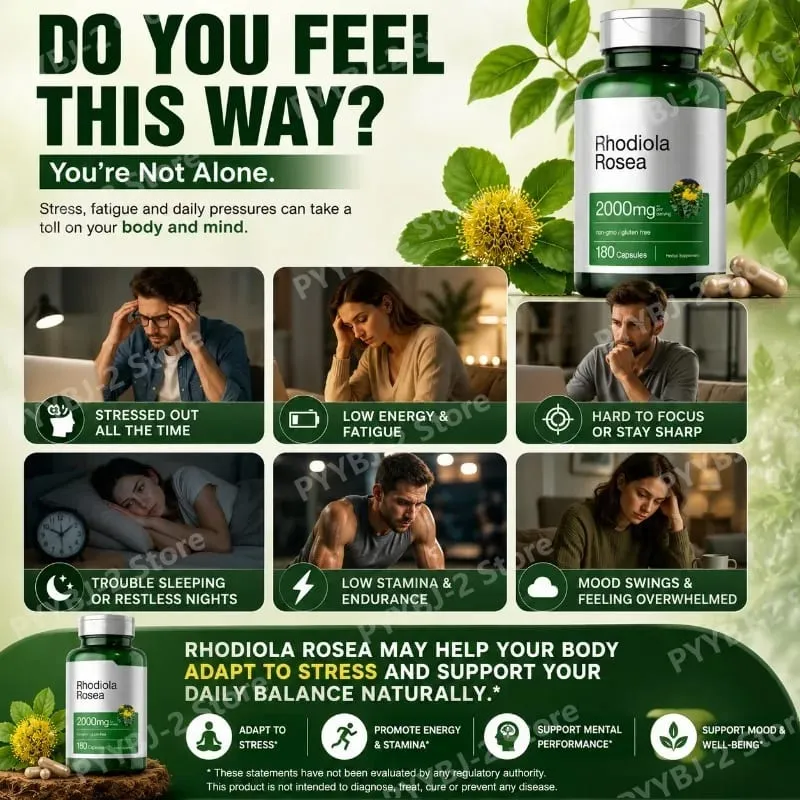Rhodiola Rosea Capsules 180 Pieces Emotional Relief and Immune Health Support — 2000mg Rhodiola Rosea Root 5:1 Plant Extract