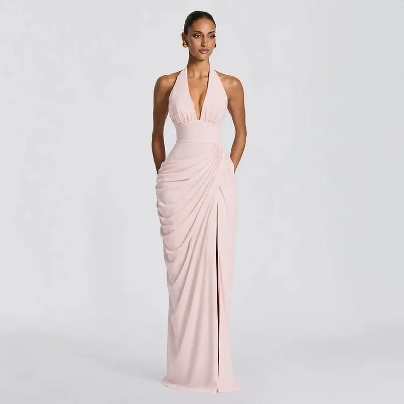 Sexy Solid Pleated Halter Women's Dress Fashion Sleeveless Backless Waist-cinching Split Maxi Dresses 2026 Summer Party Gowns — image 8